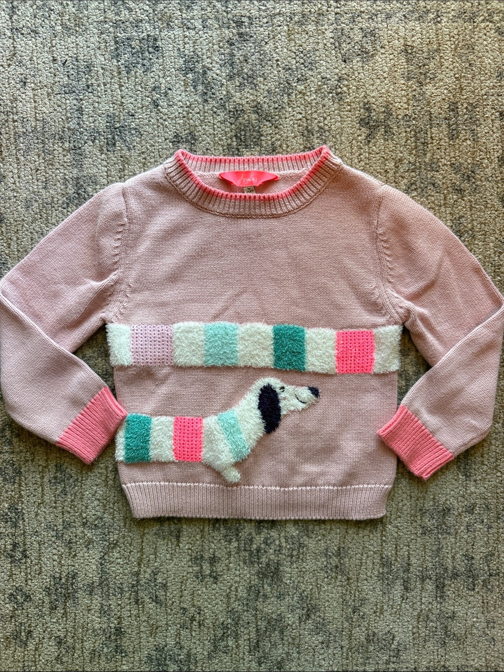 Joules Pink Sweater with Colorful Striped Dog Applique